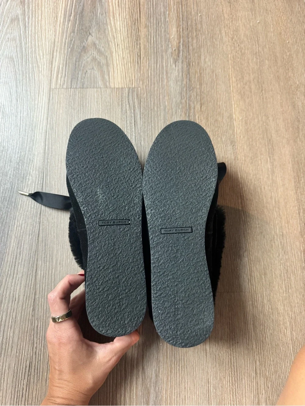 Tory Burch Aberdeen Shearling Slippers Black Suede Bow